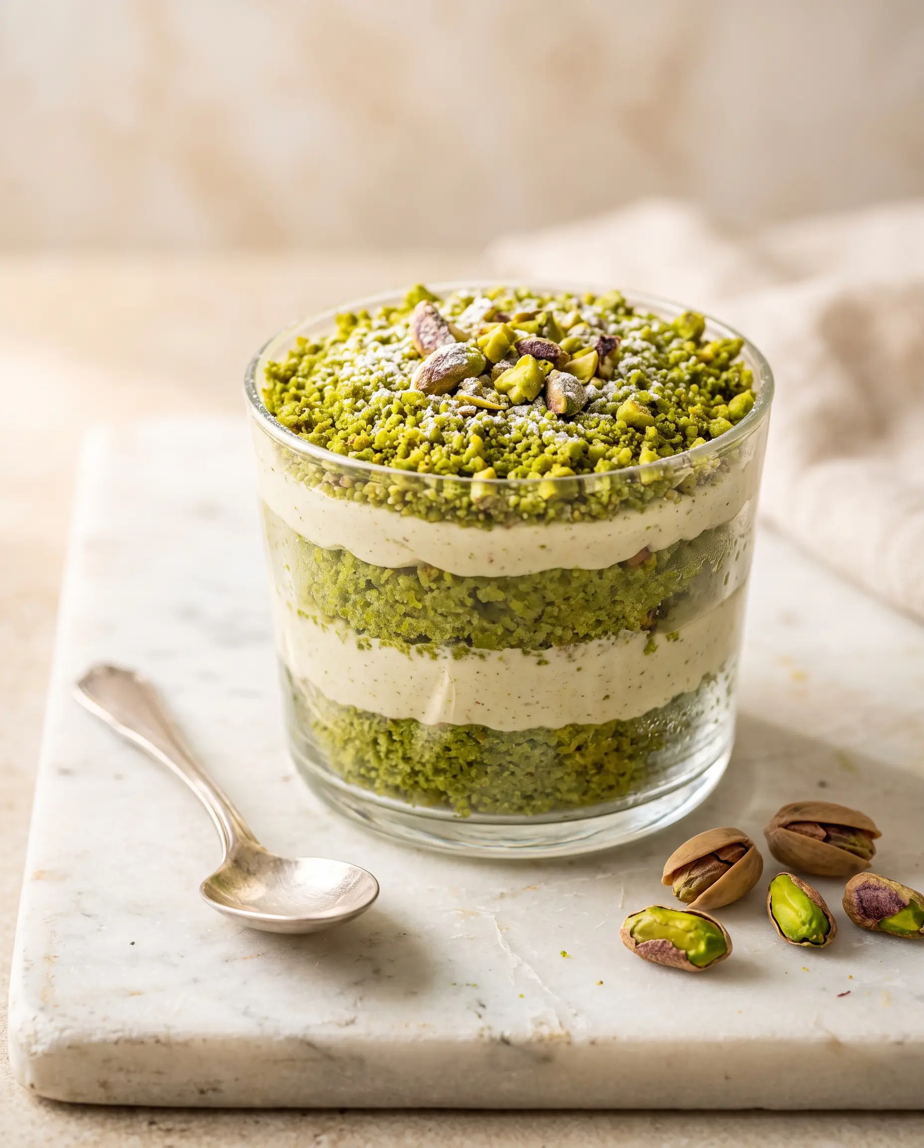 Pistachio cup: layers of soaked sponge and cream in a glass