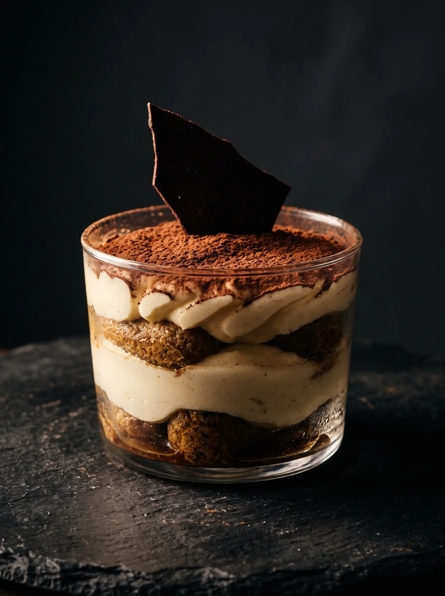 Tiramisu in a glass cup against a dark background